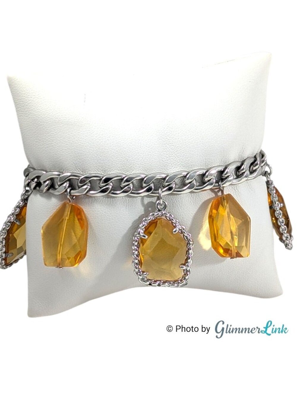 Nine West Silver Tone Golden Honey Resin Charm Bracelet Toggle 7" Long